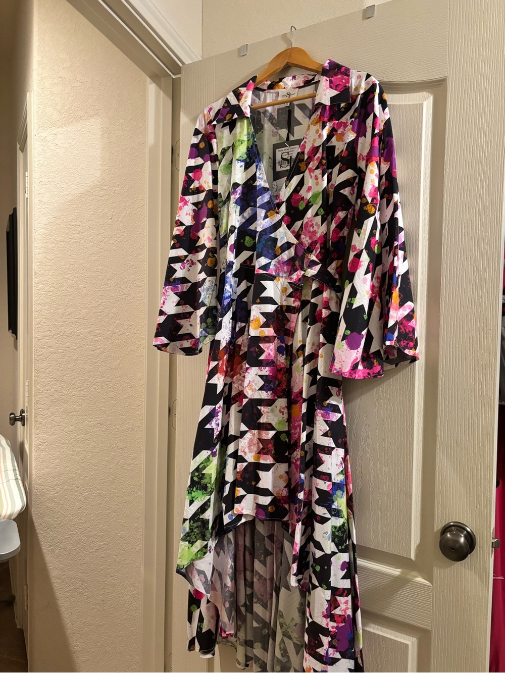 Sassy Jones Multicolor High-Low Wrap Dress - Black, Pink, Purple, Green